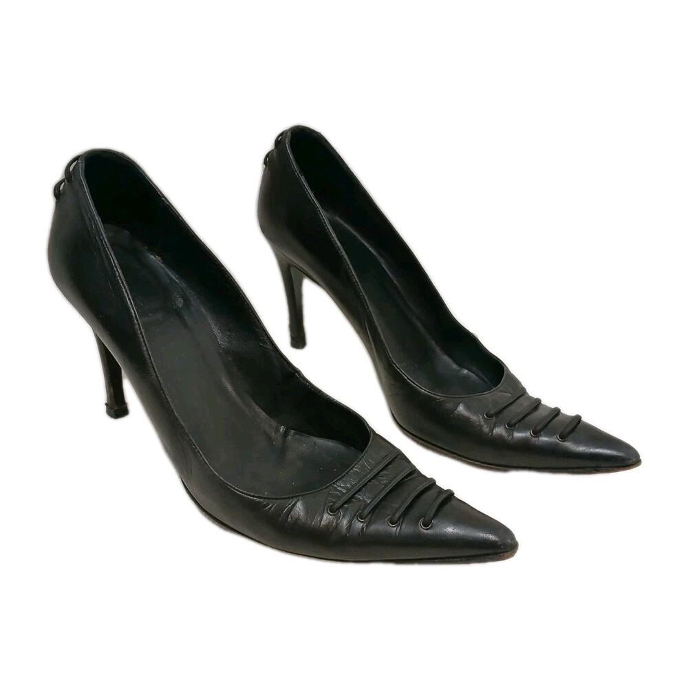 Gucci Pointy Toe Pumps Laced Sz 38.5‎ C Black Leather Whitchy Whimsigoth Vintage